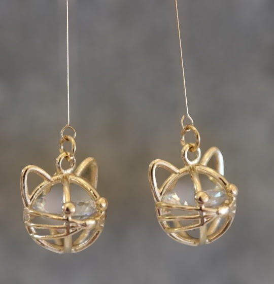 Gold with Diamond Cut Crystal Cat Face Pierced Earrings - The Good Cat Company