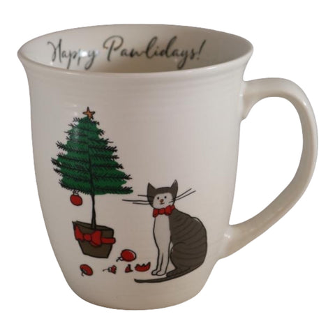 Happy Pawlidays Gray Tabby Cat & Christmas Tree Coffee Mug - The Good Cat Company