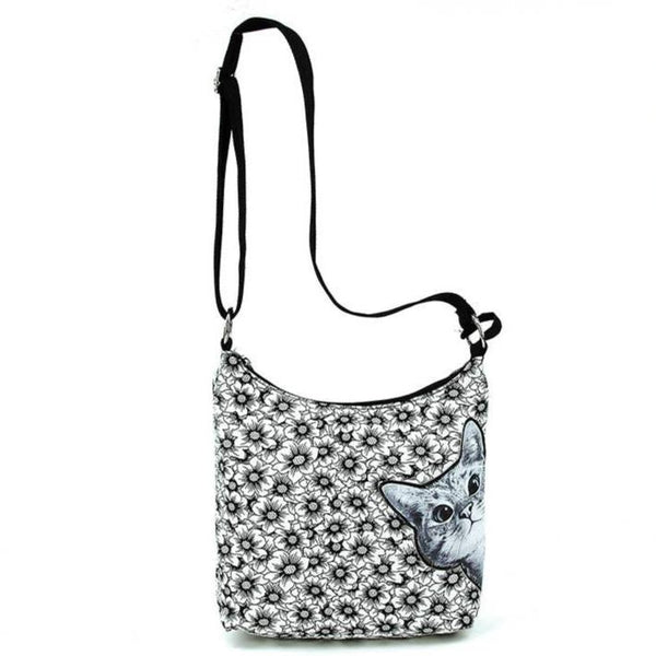 Peeking Cat Messenger in Daisy Print Canvas Bag