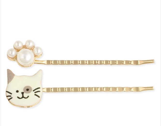 Frisky Kitty White Cat & Pearl Bobby Pin Set