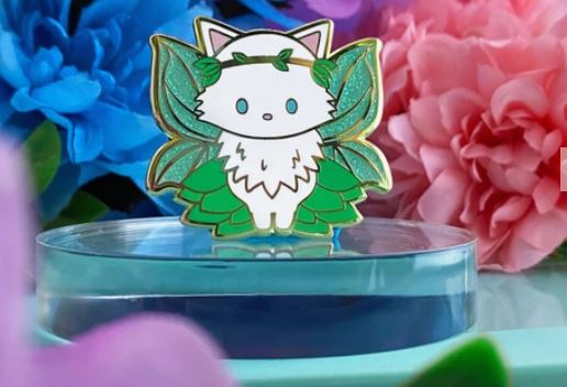 Fluffy White Cat Leaf Fairy with Seafoam Green Glitter Wings Enamel Pin