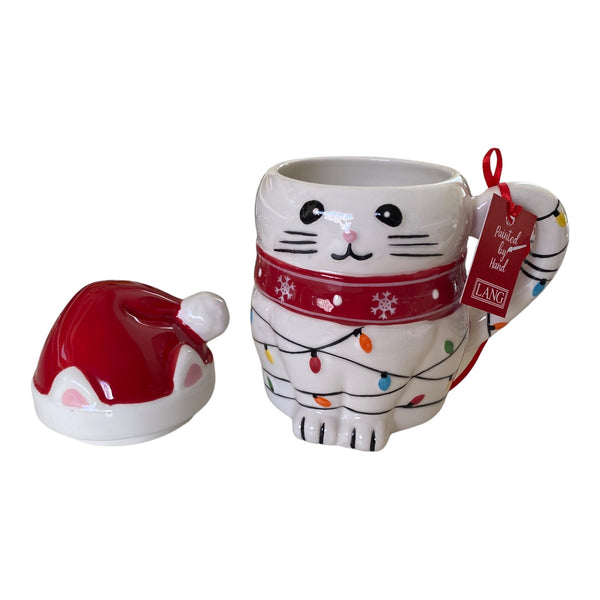 White Christmas Cat with Lid Hat Coffee 16 oz Mug