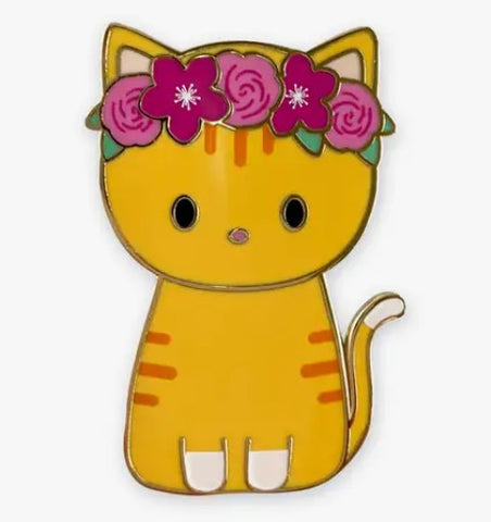 Sweet Ginger Orange Tabby Cat in Flower Crown Enamel Pin